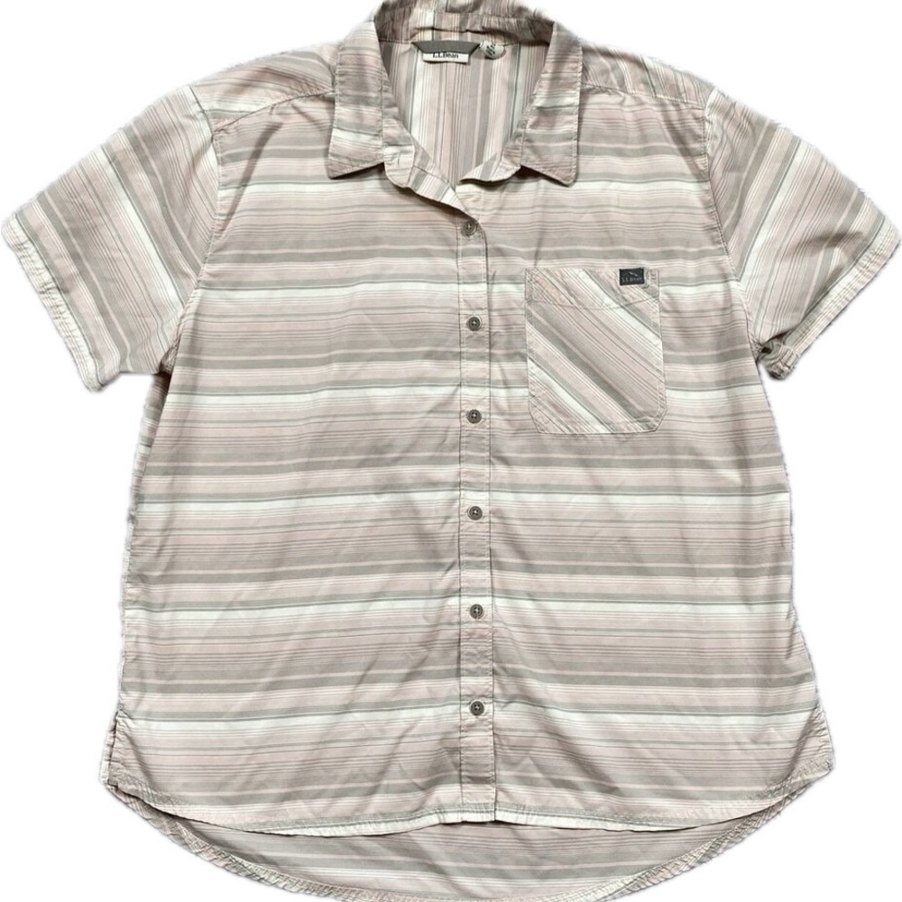 LL Bean Button Up Shirt M Pink/Gray Striped Tencel Blend Outdoors Hiking